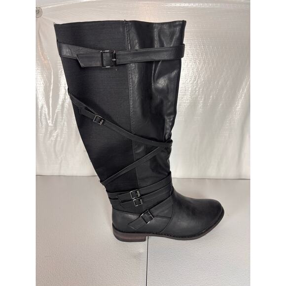 Avenue Pompton Black Tall Riding Boots Women’s 10W Wide Calf Buckle Strap Zip - Picture 8 of 11
